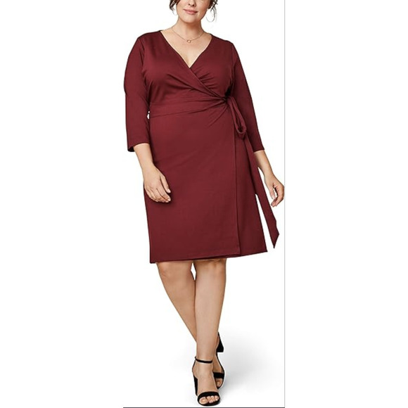 Seek No Further Womens Wrap Dress Ponte 3/4 Sleeve V-Neck Maroon Plus Size 3X - Picture 1 of 11